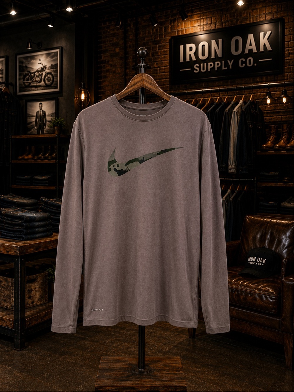 Nike Men's Long-Sleeve Tee in Taupe with Olive Swoosh